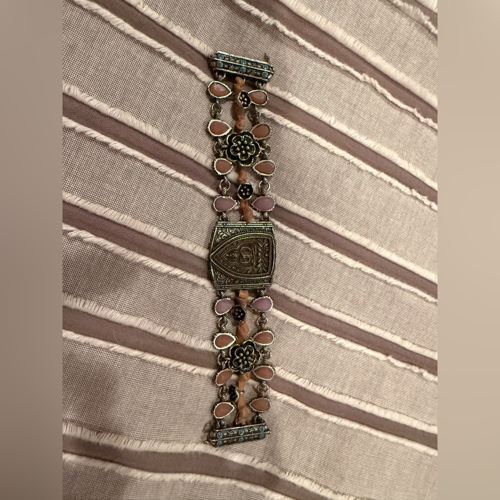 Vintage Lucky Brand Intricate Silver and Tan Bracelet